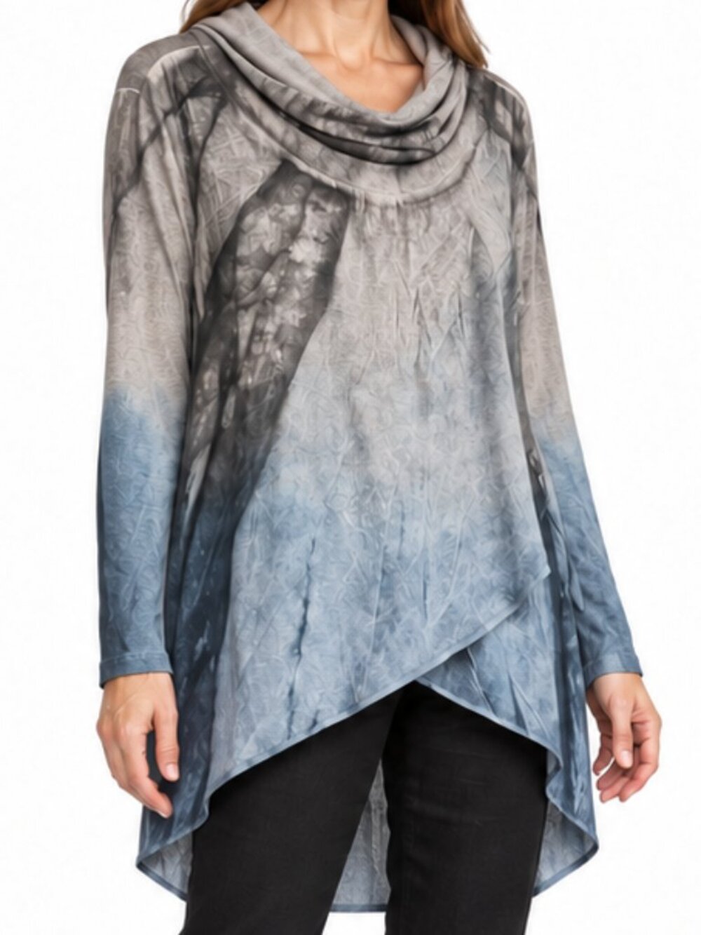 Fleur De Lis Size Large Cotton Linen Ombré Cowl Neck High Low Lagenlook Tunic
